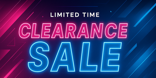a clearance sale banner using the colors neon pink and neon blue